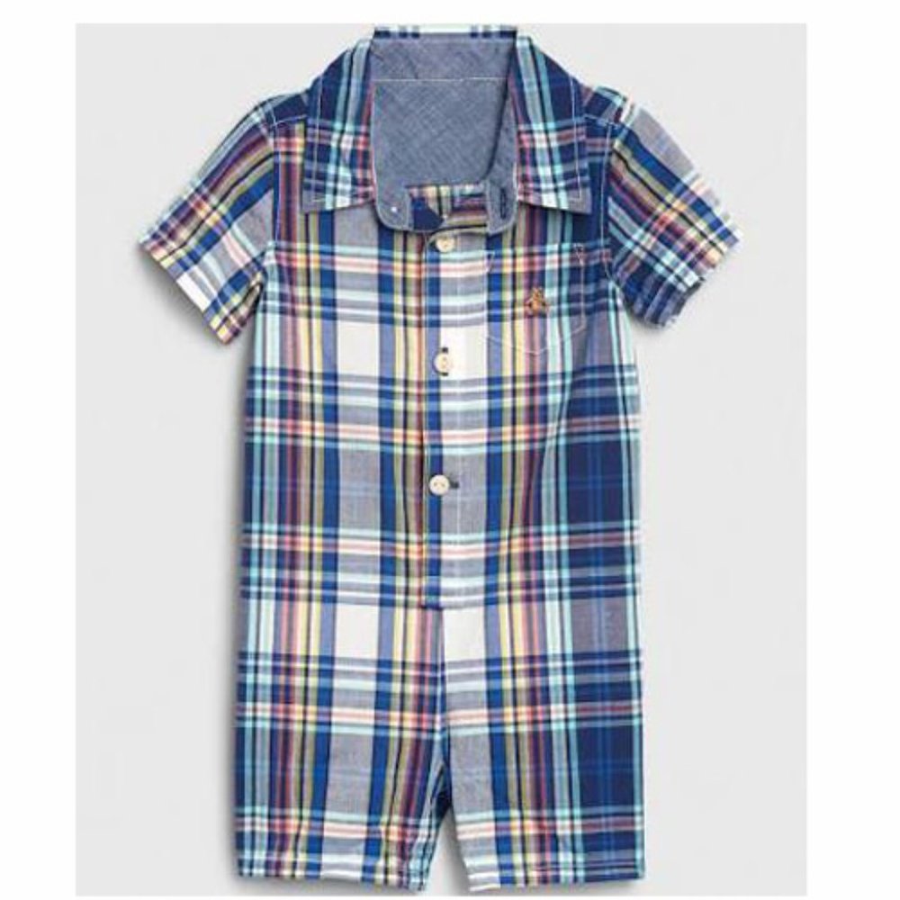 Baby Gap NWT Blue Plaid Shorty Woven Shirt Shortie Romper 3-6 Months